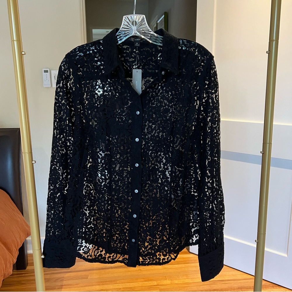 J. Crew black lace long sleeve button down. NWT